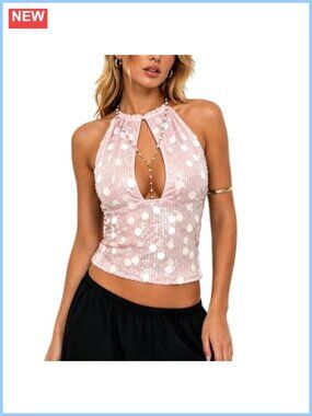 Y2K Sequin Tie Halter Crop Top Sleeveless Cami